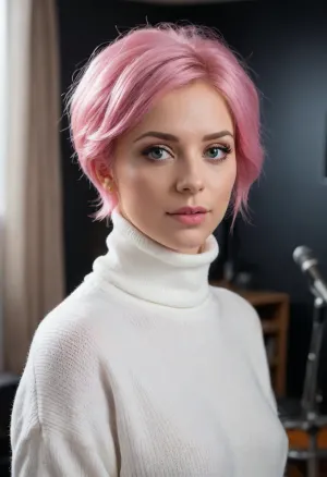 (masterpiece, best quality:1.2), 1 czech 30yo woman, famous singer Tereza Maskova, (she wears a white baggy turtleneck sweater and jeans:1.4), indoors in a recording studio, (short wavy pink hair:1.2), bright blue eyes, piercing in nose, earrings, she stands at a microphone and sings, photorealism