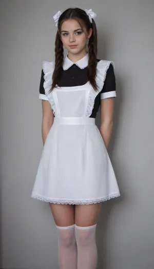 beautiful brunette 18 years old with ponytails woman, white bows, soviet schoolgirl black short dress, white apron, soviet schoolgirl, white lingerie, white shoes, high heels, lewddungeon, background black walls, suxl, <lora:suxl:.8>