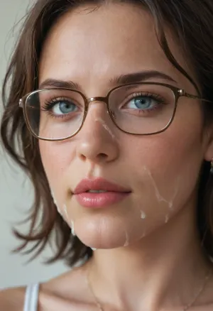 close up, huge cum shot on face and glasses, super sexy brunette milf