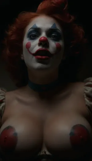 ziprealism, (sharp focus, tight closeup, Dutch Angles, focus on eyes, crazed eyes, eerie, low angle view), (clown, clown girl, painted face), (huge breasts, tight top), (chiaroscuro:1.6), <lora:zavy-cntrst-sdxl:1.8>