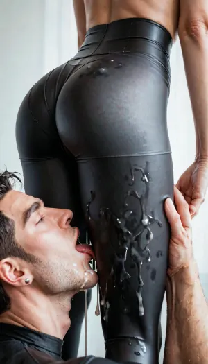(focus on the lower body, close-up), rear view, girl and man, (tight little ass, thin waist, skinny legs), (girl in tight shihy wetlook leather leggings, leggings completely covered in cum, cum dripping down leggings), (man licks cum off girl's leggings, man licks cum), (lots of cum on leggings), (man licks cum, licking ass in leggings), (man's tongue in cum), (the details of the male face are clearly worked out), cunnilingus, man, licking, pussy, <lora:Cunnilingus XL:1.1>