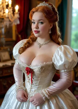 A stunningly beautiful ginger red fairytale Princess shining with Royal Pomp and Regal Splendor, (super fat bbw teen:1.3), (happy laughing face:1), (big beautiful natural saggy low hanging breasts:1.5), wearing a Stately and, (((Elaborate))), Royal Cinderella off-shoulders Ballgown of Silver and White Brocade, with, (((enormous puffed sleeves))), a stiffly boned, padded and corseted bodice, translucent dress an hourglass waist, a, (((huge crinoline hoopskirt))), and, (((bustle))), adorned with ribbons, bows, roses, lace, ruffles, frills, embroidery, and jewels, elaborately curled and styled hair, long white gloves, hand fan, pearl and diamond necklace and earrings, <lora:MJ52:.4>, bmbplora, <lora:bimboxl_02:.8>