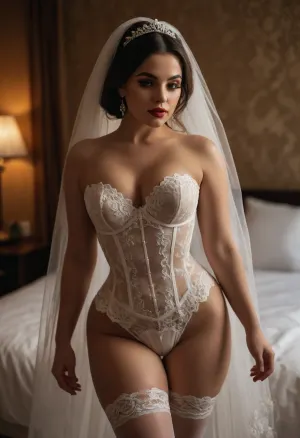 Persian curvy girl, heavy eye makeup, red shiny lips, A stunning and hyper-realistic erotic bridal gown designed. The dress features a daring underboob cutout fully exposed., emphasizing the sensuality of the bride. The bodice is tight-fitting, with corset-style lace-up front and intricate white lace patterns tracing over the skin. The hips and sides are completely sheer, made from translucent lace revealing the curves of her thighs and waist. The skirt is made of soft white tulle, split high on one side, showing off her legs and teasing what's beneath. The bride wears a seductive white veil, thigh-high stockings, and crystal heels. Her body is curvy, powerful, and confident. The lighting is soft and golden, with romantic shadows. The setting is a luxurious private bedroom . Ultra detailed, high fashion sensuality, photorealistic.