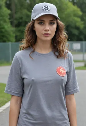 (masterpiece, best quality:1.2), 1 czech 40yo woman, famous singer Olga Lounova, (she wears a baggy oversized grey basketball shirt with big number " 8 ":1.4), outdoors in a motodrom, (longest curly brunette hair:1.2), she wears no bra, grey eyes, pointed nose and chin, (she wears a basecap with " rocksteel " advertising:1.4), photorealism, braless, no, bra, <lora:681678_training_data:.5>, <lora:braless-000007:.5>