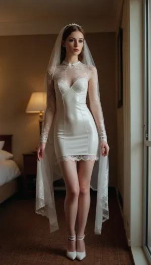 photography of a young woman, brown hair, slim, pale skin, small breasts, bride, white, (latex minidress), bridal lace veil, white highheels, standing in a hotel honeymoon-suit.