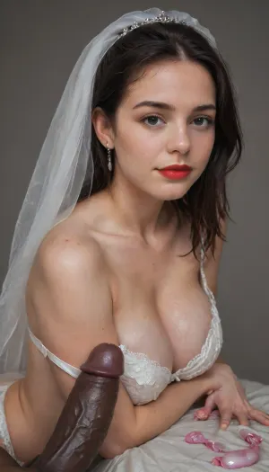 interracial, A Persian Bride, 21 years old, curvy, busty, sexy wedding dress, big saggy breasts, smiling, whore, slutty, (photorealistic:1.5), (masterpiece:1), raven black hair, very wet hair, black eyes, oiled skin, (bored:1.3), instense sturated glossy red lipstick, heavy makeup, white bra, (white nylon stockings with garter:1.1), detailed feet, dark background, (long black penis:1.4), (condom on black penis:1.3), (((cumfilled condom))), side view, looking at viewer, all persons full visible, 4ng3l, face, BadX, <lora:SDXL_BetterFaces-LoRA_v1:.6>