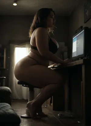 side view, view is from the side, 1 girl, very chubby woman, (bbw, fat:1.4), big dildo in a floor, very bright hair, busty, wearing black bra, sitting at a computer desk, one leg on desk, ((breasts exposed)), female masturbation, (Hitachi magic wand:1.4), ((intently watching computer monitor)), (computer monitor shows image of female masturbation), background is a dark room with black walls, only light source is monitor screen, (look in room through door), (size different dildo, many dildo on desk:1), (bokeh:1.3), (long exposure:1), (backlight), sunset, <lora:MJ52:.5>, <lora:gyakutaiojisan_bed_AB_XL:.8>, <lora:dark:.1>, <lora:hrg:.5>, (professional lighting:1), (bouncing breasts), #squirt #bigboobs #bigass #curvy #natural, view from below, view from side
