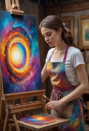An beautiful female artist creating a portal to a different world, apron with color splashes, wood frame, easel, bright, colorful, magical, fantasy, ultra detailed