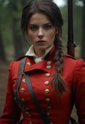 female redcoat, american civil war, realistic detailed hair, realistic detailed face, realistic detailed body, realistic detailed eyes, realistic detailed skin, realistic detailed breasts, realistic detailed pussy, random view angle, action pose, detailxl, <lora:add-detail-xl:1.5>, <lora:style_lora_realis:1>, <lora:dark:.8>