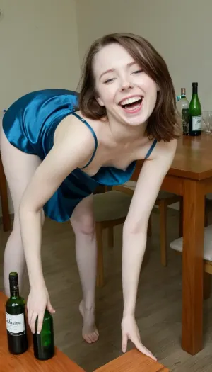 Brunette woman at student party, in a apartment, pale skin, bend over table, alcohol bottles and glass on table. laughing, blue satin dress, front view, downblouse, nipslip, flat, chested, <lora:RealDownblouseXL2:.5>, <lora:flat_chested_v3.5:.8>
