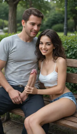 brunette petite woman and tall man sitting on a bench in a park, she is holding the mans big cock in her hand, their faces are touching, she is smiling to the camera, the man has his pants pulled down a bit, just to reveal his large cock, she has her huge boobs out