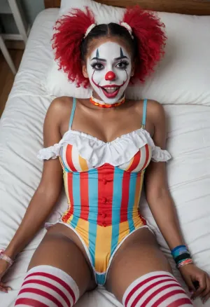 young beautiful black girl 18 years old clown girl with big breasts, wearing a pulled-up dress without any underwear, laying on her back with spread legs, no panties, long striped socks, clown makeup, skinny, white face paint, detailed vagina, looking at the viewer, back long high twin multi-colored ponytails, excited, aroused, tack sharp, 4k, dslr