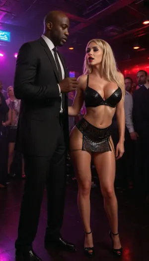 ultra high definition, A 40 year old Caucasian Russian woman in a crowded nightclub, Flirting with a tall handsome black man, ((black man:1.7)), African man, black man, ((dancefloor)), low rise see through silver microskirt, platform high heels, sheer blouse, red thong, thong straps pulled high, long straight, ((blond hair)), bimbo makeup, bright red lips, massive breasts, dancing with a fit African black man, in a suit, (nightclub:1.2), cyberpunk, d4nc3, club, microskirt, extremely, short, skirt, bmbplora, large, breasts, big, boobs, huge, tits, <lora:cyberpunk_d4nc3_club:1>, <lora:detailed_notrigger:2>, <lora:MicroSkirt_XL:2>, <lora:bimboxl_02:2>, <lora:bombshell_v2:2>