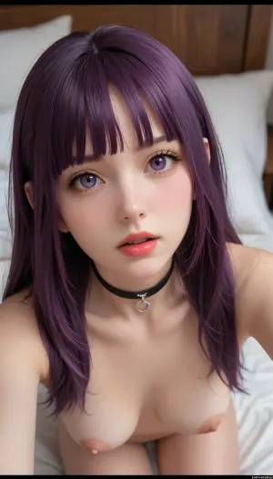 fern, (sousou no frieren), 1 girl, small breasts, conveni shoujo, zenmyoudzutsumi mei, cleavage, long hair, looking at viewer, large breasts, nipples, open mouth, purple hair, collarbone, purple eyes, blunt bangs, (naked), sidelocks, annoyed, large areolae, alternate breast size, glaring, huge nipples, shaded face, grimace, furrowed brow, straight hair, disgust, anger, (photorealistic), (ultra realistic:1.5), (maximum quality:1.7), (high resolution:1.7), (extreme detail:1.7), (ultra realism:1.7), (maximum detailed skin:1.6), penetration, dick inside, detailed background, on the back, lying on green bed, head tilted to the green pillow, woman, girl, seductive look, tiredness, thin cheekbones, thin jawline, view from above, full red lips, small forehead, narrow eye slit, makeup, hіs arm holding her hips, (watcher`s arm holding girl's hips), ((the camera looks from the guy's face)), choker, medium tits, (body deeply leaning over forward), (head leaning down), orgasming, mouth open in pleasure