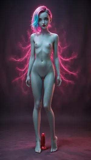 Full body portrait of girl, NSFW, violet neon background, (sidecut hairstyle:1.2), pink-purple-teal hair, long hair, violet-blue pupils, (blue-purple eyeshadows:1.4), vivid colours, (neon:1.3), hrglw, hair, glow, neon, (blue-pink-teal skin:1.3), (glowing hair:1.3), (heavy purple makeup:1.2), (glowing eyes:1.1), vagina, smooth pussy, blacklight, makeup, full body, dildo insertion, (heterochromia:1.3), (big thick lips:1.2), NDXL, (red lips:1.2), (dimples:1.1), (seductive smile:1.2), (skinny:1.1), (very long thick eyelashes:1.3), (collarbones:1.3), (flat chest), naked, (hard erect nipples:1.2), (small waist:1.3), <lora:xl_yamer_style-3.0:1.4>, <lora:glowing_hair-000006:1.4>, <lora:blacklight_makeup_v2:1.4>, <lora:Microwaist_XL_v01:2>