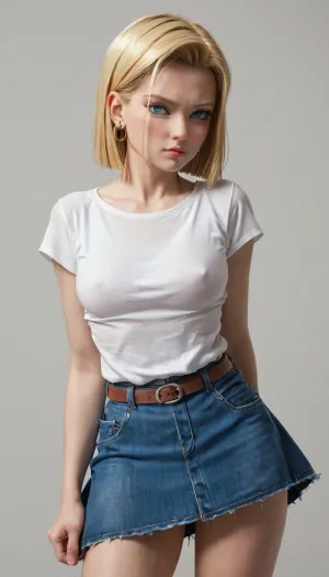 android 18, 18, dragon ball z, Android 18, Dragon Bal, blonde girl, 18 y.o., upskirt, shy, <lora:Movie_aesthetic_XL:1.2>