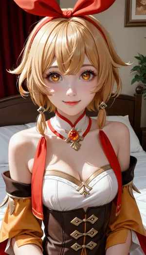 Amber from Genshin Impact, in full growth, 2d art, big eyes, anime style, 2d, dressed amber from Genshin impact, in the bedroom, smile, a headband with long ears, cute a headband with long ears.