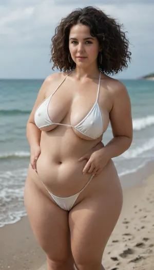 Very large plus size milf white woman, (obese), very big and, (saggy tits), big wide hips, big wide buttocks, thin plump stomach, woman wearing bikini showing all cleavage, solo, BBW, at beach.