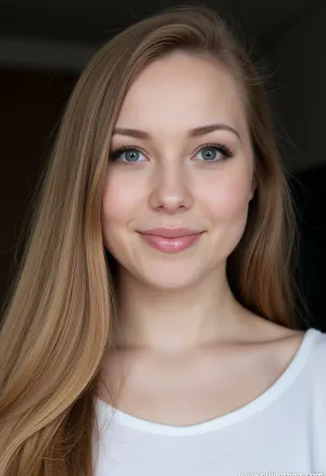 White girl smiling, heavy makeup, intimate face shot