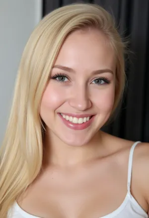 White blonde girl smiling, heavy makeup, intimate face shot, mascara, eyeliner