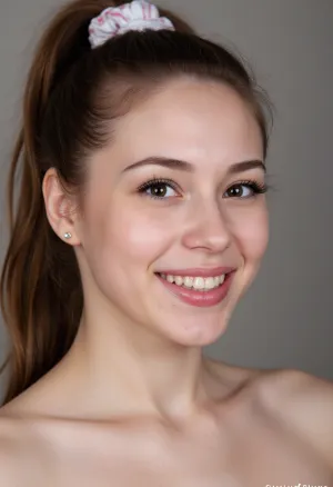 Wite girl smiling, intimate face shot, mascara, eyeliner, freckles, high ponytail with scrunchie, lipstick, heavy makeup