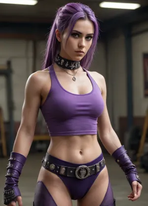 The character is a female with a strong, athletic build, suggesting she is physically fit and possibly trained in martial arts, given her confident fighting stance. She has long, straight hair that reaches past her waist, with a mix of white and purple streaks, giving her a striking and bold appearance. Her skin tone is light, and her overall physique is toned, with a balanced and proportionate frame. She appears to be of average height, with a poised and commanding presence. Accessories like a studded choker and arm bands hint at her edgy, punk-inspired style, even without her outfit.