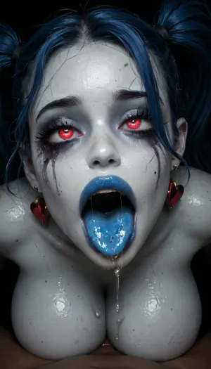 1girl, blue hair, blue eyes, white skin, (zombie skin), zombie, zombie makeup, (pale skin:1), (face close up), blue tongue out, lots of spit, saliva dripping down, ahegao, orgasm, sweating, red heart eyes, top down view, on knees, massive breasts, blue lipstick, twintails, ruined, makeup, <lora:xl_mega_twin_drills-1.0:.5>, <lora:dark:.6>, <lora:dvr-shrp:.8>, <lora:Image Enhancer XL Extreme v1:.8>, <lora:Rawfully Stylish v0.2_epoch_20:.7>
