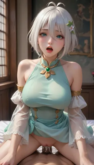kokkoro from princess connect anime fucked by black man with big black cock, full body view, (fucked in doggystyle by an huge black man grabbing her), vaginal, (1man, African american man, very dark skin, large penis), big breasts, moaning, mouth opened, blush, showing her armpits, thick creampie, eye contact, interracial, male pov, (moaning, orgasm:1), (creampie:1.3), kokkoro, short, white hair, white, ornament, between, eyes, bare, shoulders, big, breasts, detached, (sleeves, sleeveless, puffy, dress, antenna, green, see-through sleeves), <lora:kokkoroXL:1.3>, <lora:Animated_Concept:1.3>