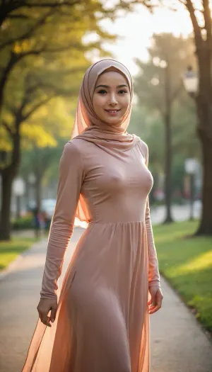 ultra high detailed photo, HD, 1girl, nude petite asian hijab girl posing, extremely detailed face, happy face, innocent smile, seethrough body shillouette, thin fabric long dress, (undercap covering hair), (faded nipples poking), no_underwear, strong backlight, strong front shadow, dynamic pose, low angle, park, sunset, detailxl, <lora:CinematicStyle_v1:.8>