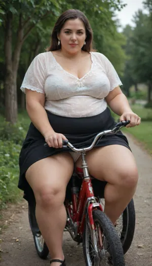 a mature, ((obese)), woman. She is sitting on the saddle of her bicycle and riding her bicycle through the grounds of Hall. She is wearing a thin white blouse. a black long skirt with a slit up to the thigh . her legs are apart and she is flashing her plus size cotton panties