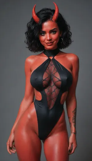demon girl smiling, Very slim, (Huge breast), Milkers, straight demon horns, slutty clothes, revealing, emo and goth accessories, (thick hips), bright lighting, glare on the skin, black hair, (red skin), Wide hips, makeup, thick eyebrows, Perfect Hands, large, breasts, big, boobs, huge, tits, photorealistic, masterpiece, ultra detailed face, hdr, light abstract background, <lora:580159_training_data:1.4>