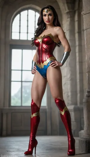 Wonder Woman masterbaring, in this photo taken at the vampire castle, description of a woman, tall, slender, with long legs, giant round tits, shaved pussy, high heels, lush long hair, slender legs, elastic ass, she is 20 years old, stands tall, legs wide apart, leaning forward, provocative makeup, an expression of orgasm is written on her face, muscles and veins protrude on her legs, naked, superheroine, front and side view, looks at the viewer, breasts fell out of the neckline, naked pussy, nsfw