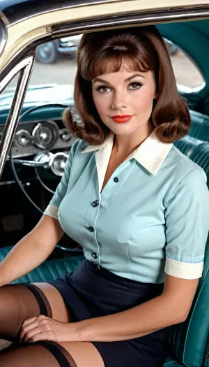 ((In the 1960s)), in the passenger seat of a car, from the driver’s POV, show a stunning busty brunette schoolteacher uniform sitting in the passenger seat and smiling back at the driver, slightly high angle, large expressive eyes, light makeup, lipstick, moist lips, hair in a tight French up-do, crisp white button-down shirt with several buttons open at the top, (cleavage), downblouse, tan lines, very short skirt, dark knee-high stockings, very realistic skin with wrinkles and pores and blemishes, perfect hands, hyper realistic, high-resolution, 8K, insanely detailed, perfect shadows, masterpiece, sexy, (1960s hair+1960s fashion+1960s makeup+1960s car), nighttime