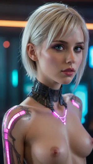 A sci-fi sex-bot with lifelike synthetic skin and glowing subdermal circuits tracing her collarbone. Her platinum hair cascades over a sculpted titanium spine, visible through a translucent back panel. Seductive yet innocent expression, biting her lip as holographic data scrolls across her pupils. Neon-lit boudoir with a charging pod in the background. Cyber-femme aesthetic, hyper-realistic, 'Blade Runner 2049' lighting.