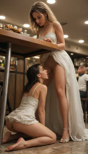 Restaurant, many people, crowded, Two elegant lesbian girls, 30 years old european prostitute and 38 years old brunette girl, brunette sitting at her table, blond kneeling below the table, blonde‘s head is just below the brunette‘s Pussy, brunette pissing, wet pussy, piss in blonde‘s mouth, Full mouth of piss, piss Splash on face, lesbian domination, cunnilingus, pussy licking, piss in mouth, tanned skin, makeup, fully clothed, elegant dress, dress lift up, soaked hair, slender bodies, domination, pushing head against pussy, shy, shocked people watching them, Butt Plug in ass, detailxl, <lora:add-detail-xl:.8>, <lora:MJ52:.8>