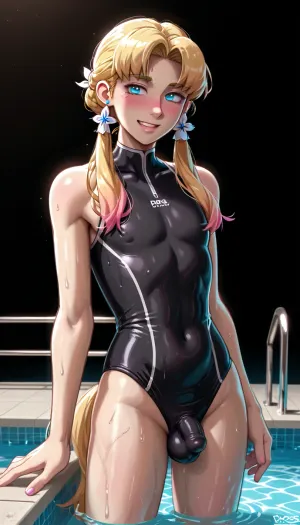 Dross style, Trans, blond hair, pony tail, standing in relaxed pose, looks not at the viewer, skinny body, tight black swimsuit, thicc thighs, ((small erect penis bulge in her swimsuit, penis bulge, a bit wet penis)), smiling, small breasts, looking at viewer, solo, femboy, blush, trap, curvy body, <lora:209970_training_data:.9>, <lora:Murano_Glass_Style:.5>, <lora:FutaCockXL:.5>