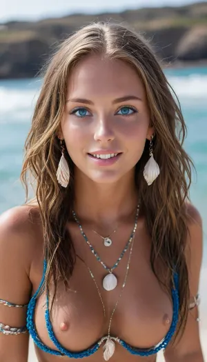 (one gorgeous lady:1.2), confident 22 year old, (beautiful eyes:1.3), (tall and slender:1.4), (dark seamless tan:1.2), (perfect tan:1.5), (big tits:1.2), (perfect tits:1.6), (micro bikini:1.3), cute smile, long hair blowing in the sea breeze, (necklace, deep blue vibrant eyes, bracelets, piercings, shell:1.8), <lora:MJ52:1.1>, (puffy nipples:1.7), nipple gaping, full body nude, <lora:253562_training_data:1>, .