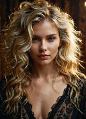 Studio shot of a beautiful natural blonde woman with perfect skin, enjoying in her perfect skin, thick hair, messy witch hair