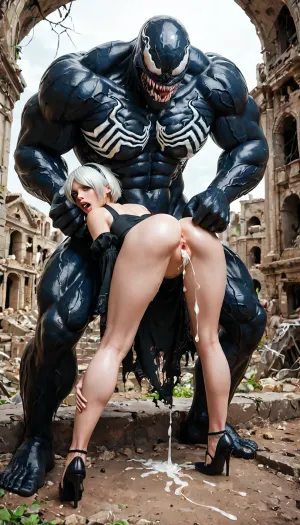 2B, white hair, short hair, black clothes, blue eyes, black hairband, yorha no. 2 type b, ruins, red eyeshadow, looking away, full body view being fucked by a huge Venom, <lora:267502_training_data:.5>, Terrible and frightening big massive orc fucks a woman, roast, torn clothes, fright, hair pulling, bent over, sexy clothes, high heels, shows pussy, looks around, man's cock shoots cum on pussy from behind, cum shot, full body view
