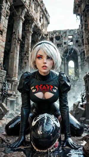 2B, white hair, short hair, black clothes, blue eyes, black hairband, yorha no. 2 type b, ruins, red eyeshadow, looking away, full body view being fucked by a huge Venom, <lora:267502_training_data:.5>