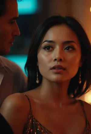 exactly 1 woman and 1 man

Scene with a beautiful 30 years old indonesian woman. The woman is half nude. Tied fine black hair. Selfie view.

Dramatic movie aesthetic, focus on woman's face, male is out of focus, <lora:Movie_aesthetic_XL:.8>