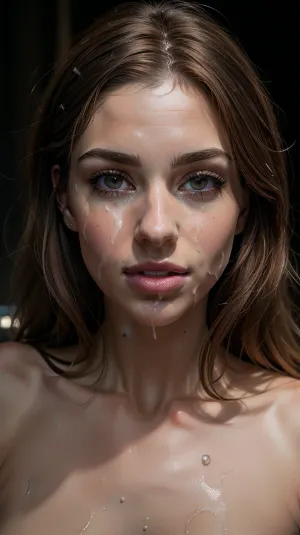 Ultra realistic 32k, cinematic, photography, dark background, immersive, muted, deep cleavage, light brown hair, HD, full lips, extreme mouth detail, realistic detailed skin, realistic skin, High Res, masterpiece, Ultra realistic, natural skin tone, high definition, high quality, realcumAI, cohf, face, covered, in, semen, woman, <lora:facialized:.5>, <lora:cohf:.2>