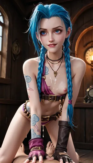 Jinx from Arcane, long blue hair, slender body, small breasts, 1 girl, all fours, fucked by man, massive cock, perfect hands, innocent expression, massive cum on back, cum in pussy, orgasm, cum dripping from breasts, biting lip, one hand on breast, ripped purple Thong, naked top, Steampunk background, front view, Dark Green aura, jinx, (league, of, legends\), 1girl, solo, twin, braids, single, elbow, glove, Ripped purple Thong, necklace, belt, fingerless, gloves, <lora:arcane-xl:1>, <lora:jinx:.5>