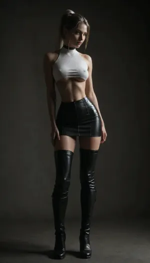 (score_7_up, score_8_up, score_9, 1girl, solo, masterpiece), sultry, seductive, seducing, alluring, intimate, sexual, horny, ((long white ponytail:1.5)), (ultra-micro skirt), 18yo girl, (athletic skin body), (narrow waist:1.4), ((hip gap)), insatiable, lustful, erotica, irresistible, ziprealism, white tube-top with underboob, (white g-strings), erected nipples, black choker, (tight-high boots:1.5), oiled skin, (latex stockings), (black background, chiaroscuro lighting:.5), <lora:sunnyrayyxo_v1_SDXLBase:.4>, <lora:dark:.4>