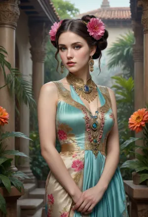beautiful rich woman wearing fantastic hand-dyed satin clothes, lace, satin ribbons, large oriental house with servants, embellished beaded feather decorative fringe knots, colorful pigtail, subtropical flowers and plants, symmetrical face, intricate, elegant, highly detailed, 8k, digital painting, trending on pinterest, harpers bazaar, concept, art, sharp focus, illustration, Tom Bagshaw, Lawrence Alma-Tadema, Alphonse Mucha, <lora:ac_neg1:.5>