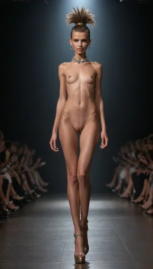 one fashion modell, 21 years, nude full body is visible, very thin, (((super skinny))), best quality, ultra-detailed, masterpiece, finely detailed, highres, 8k wallpaper, (very stylish mohawk haircut), slim body, updo mohawk stylish hair, light brown hair, tiny tits, tits out, breasts viewable, on a catwalk, 1girl Victoria's Secret Fashion Show, (high heels:1.5), Victoria's Secret Fashion clothes, ((shiny clothes)), (squatting:.9), (spreads legs:1.7), wide view, (naked vagina:1)