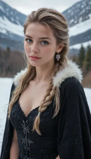 score_9_up, score_8_up, score_7_up, Raw Photo, Portrait, Elsa of Arendelle, cute, seductive, innocent, (light smile:.3), plump lips, slender body, dark cape, dark dress, fur trim, single braid, snowflake pattern, snowy mountain background, depth of field, dynamic angle, (photo realistic:1.4), (realistic skin:1.4), fashion photography, sharp, analog film grain, (hyperdetailed:1.15)