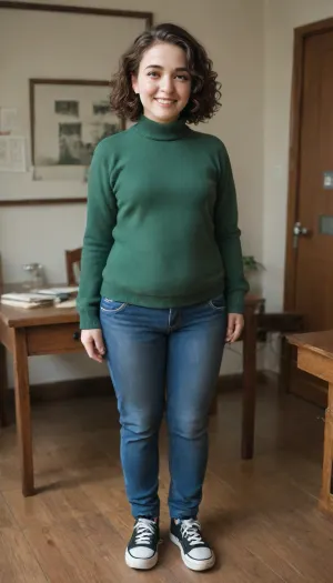 shy 28 year old woman, full body shot, (smiling), (highly detailed facial expression), (room with cheap desk), ((well-built figure with slightly chubby legs)), (normal upper body), (short girl), (short brown wavy hair), (curly bobcut), (short dark brown hair), ((standing insecurely)), small breasts, flat chest, (dark green cashmere pullover:1.1), (dark green jumper), (emerald pullover), (wearing blue jeans and sneakers), (well-built upper body)