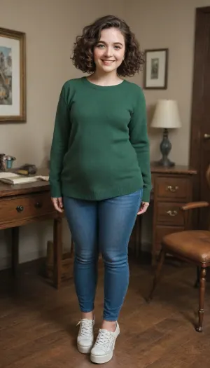 shy 28 year old woman, full body shot, (smiling), (highly detailed facial expression), (room with cheap desk), (pink platform high heels), ((well-built figure with slightly chubby legs)), (normal upper body), (short girl), (short brown wavy hair), (curly bobcut), (short dark brown hair), ((standing insecurely)), small breasts, flat chest, (dark green cashmere pullover:1.1), (dark green jumper), (emerald pullover), (wearing blue jeans and sneakers), (well-built upper body)