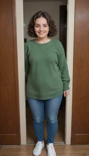 shy 28 year old woman, peeking into room open through door, (smiling), (highly detailed facial expression), (room with cheap desk), ((well-built figure with slightly chubby legs)), (normal upper body), (short girl), (short brown wavy hair), (curly bobcut), (short dark brown hair), ((standing insecurely)), small breasts, flat chest, (dark green cashmere pullover:1.1), (dark green jumper), (emerald pullover), (wearing blue jeans and white sneakers), (well-built upper body)